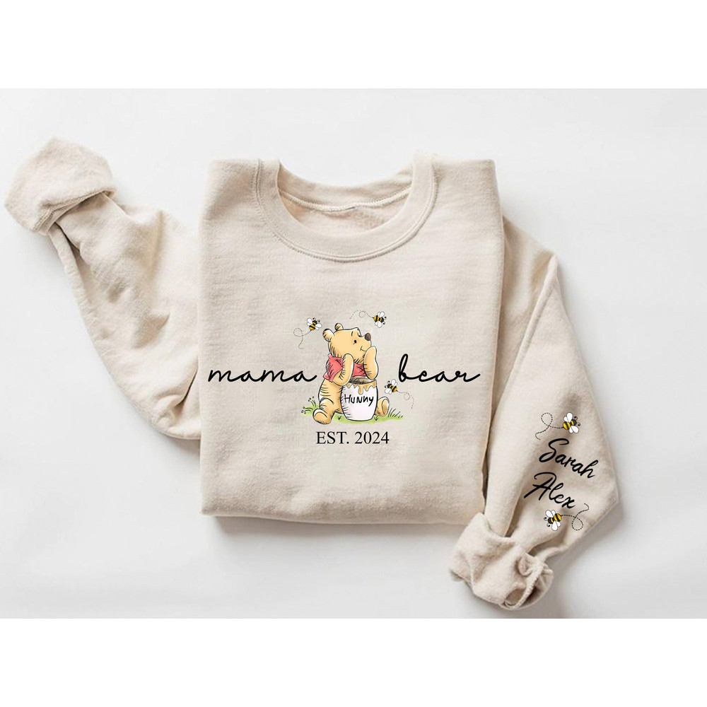 Custom Mama Bear Sweatshirt with Kid Name on Sleeve, Personalized Mama Bear Shirt, Pooh Mommy ,Cute Mom Shirt, New Mom Gift, Mama Shirt 1.jpg