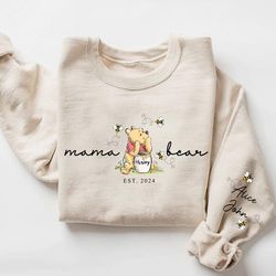 custom mama bear sweatshirt, mama est with kid name on sleeve sweatshirt