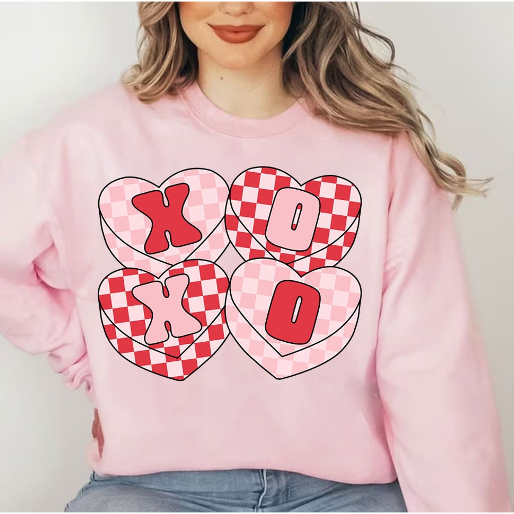 Groovy Candy Heart Xoxo Valentine's Day Sweatshirt, Retro Checkered Candy Heart Valentine Shirt, Gift For Her, Couple Valentine Shirt.jpg