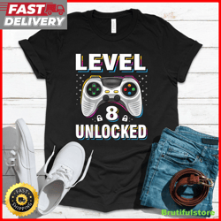 8th birthday boy level 8 unlocked video gamer 8 years old t-shirt