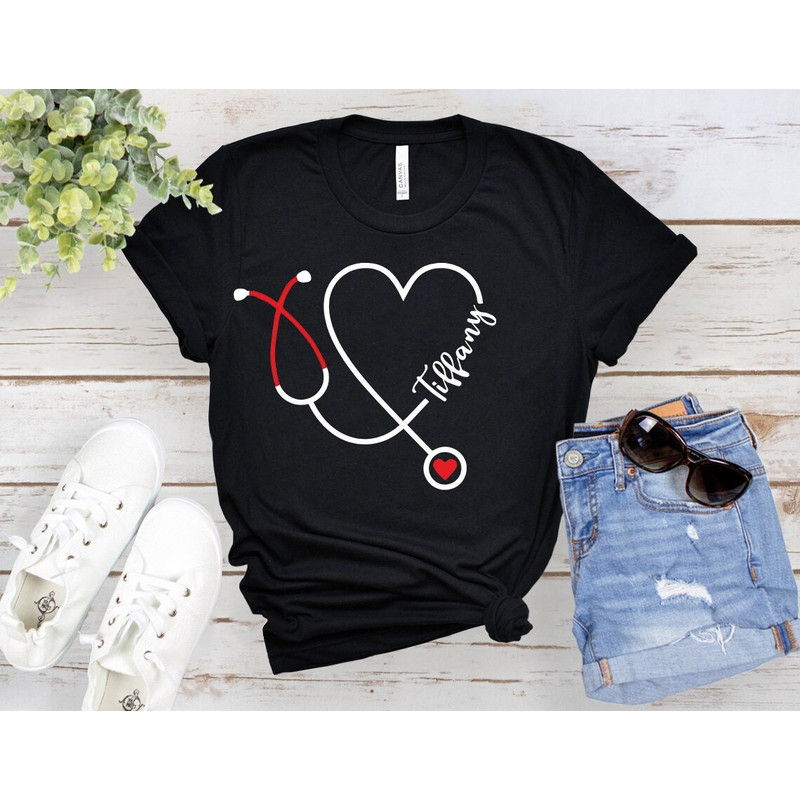 Custom Nurse Shirt, Personalized Nurse T-Shirt, Nurse Name Tees, Student Gift, Nurse Graduate Gift, Heart Stethoscope Tops, Nursing School.jpg