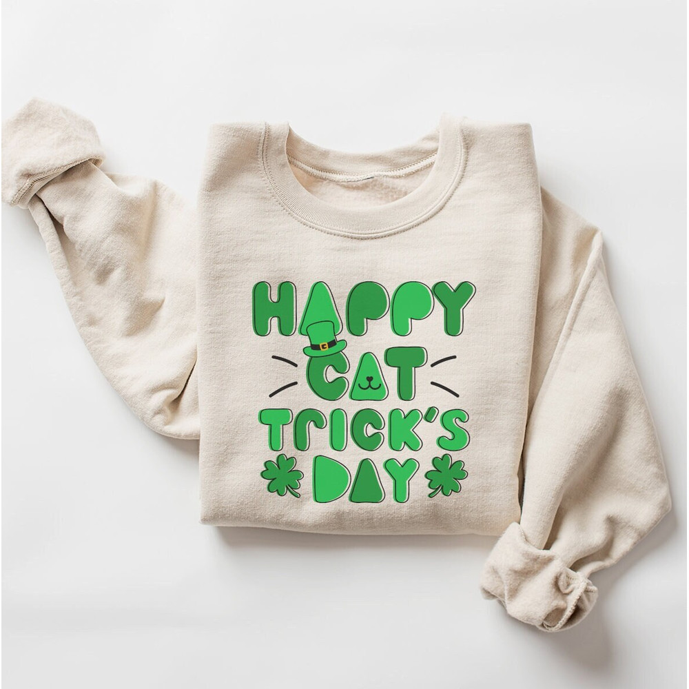 St Patrick's Cute Cat Sweatshirt, Happy St Cat Trick's Day Sweatshirt, Cat Long Sleeve Shirt, Cute Funny Cat Lover Gift, Pet Lover Sweater.jpg
