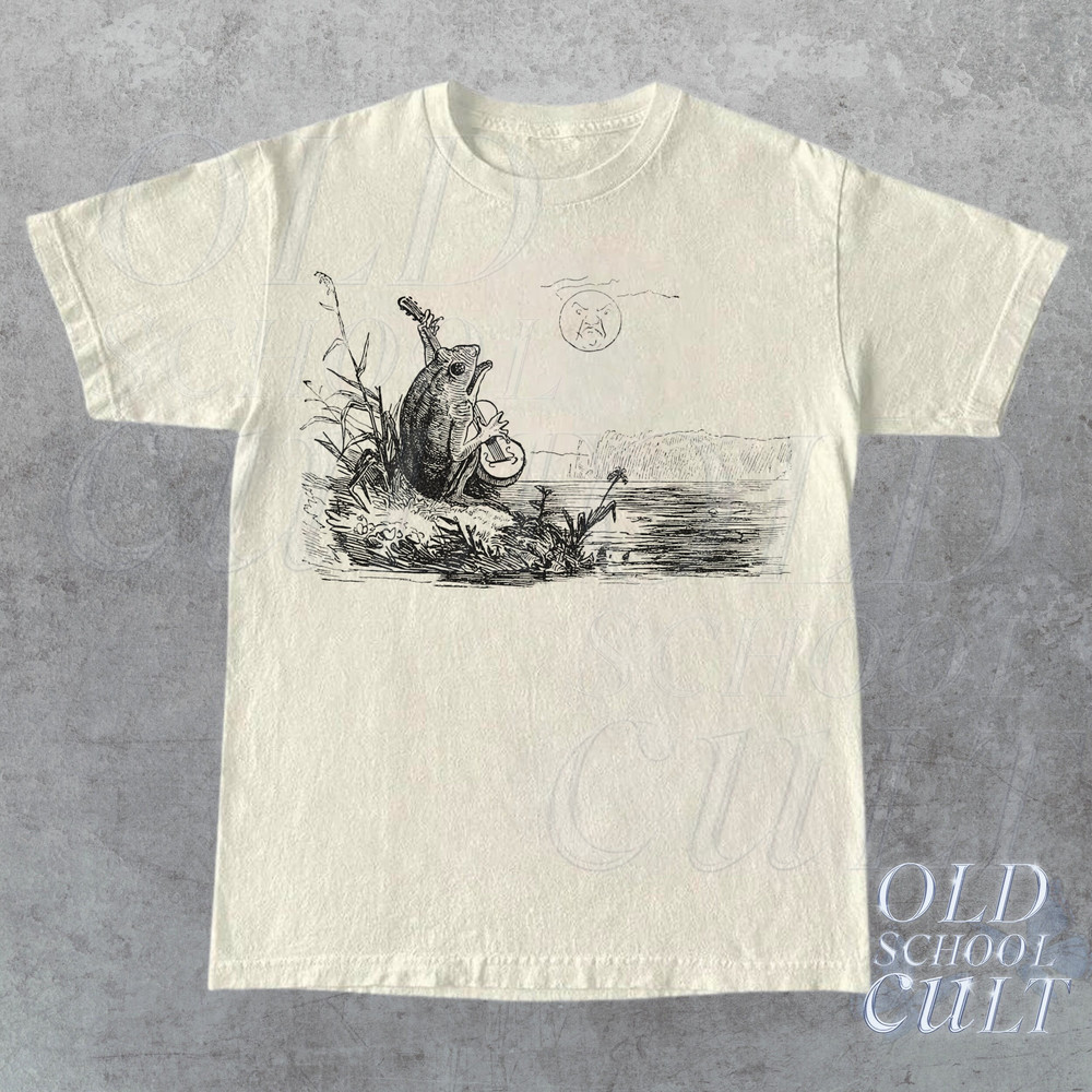 Frog Guitar 90s Retro Shirt, Vintage Frog 2000s Graphic T-Shirt, Cute Funny Toad Tee, Frog Lovers Unisex Cotton Tee, Beige Oversize Shirt.jpg