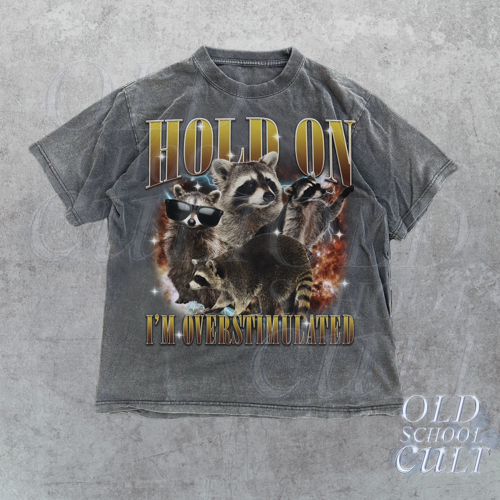 Hold On I Am Overstimulated Vintage Graphic T-Shirt, Retro Funny Raccoon Bootleg T Shirt, Vintage Party T Shirt, Funny Mom Gag Shirt.jpg