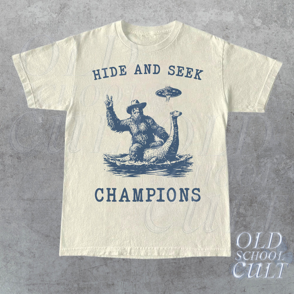 Hide And Seek Ufo Tshirt, Retro Bigfoot Shirt, Bigfoot Riding Dinosaur Shirt, Space Alien Unisex Relaxed Adult Graphic Tee, Funny Gifts.jpg