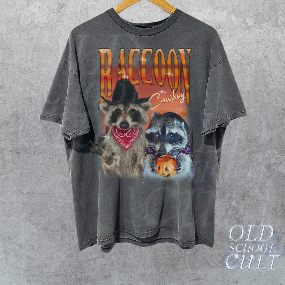 Raccoon CowboyVintag e 90s Bootleg Style T-Shirt, Retro Graphic Shirt, Trendy Raccoon Shirts, Adult Unisex Relaxed Shirt, Distressed Shirt.jpg