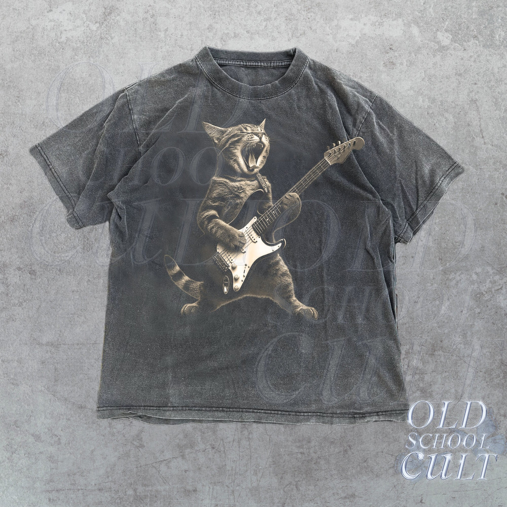 Rock Cat Playing Guitar Vintage Shirt, Retro Funny Guitar Cat T-Shirt, Cat Lovers, Rock Lovers Gift, Funny Gift, Rocker Oversized Shirt.jpg