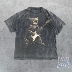 rock cat playing guitar vintage shirt, retro funny guitar cat t-shirt