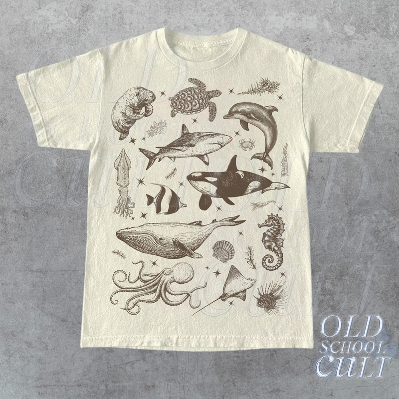 Sea Animal Vintage 90s Tattoo Tshirt, Retro Y2k Ocean Nature Shirt, Sealife, Ocean, Whale, Orca, Turtle, Dolphin Shirt, Unisex Adult Shirt.jpg
