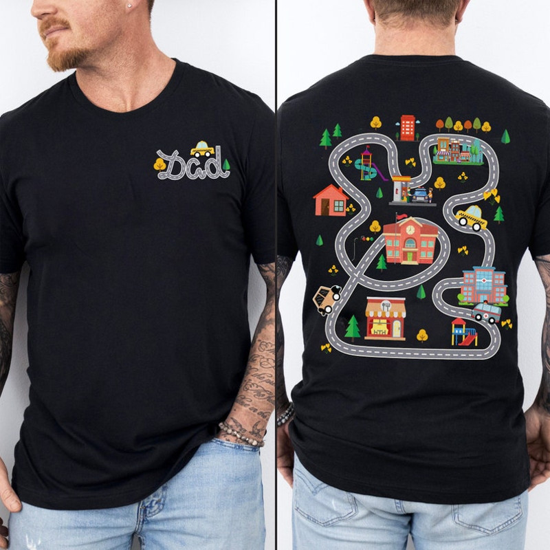 Play Car Race On Dad's T-shirt, Mat Road Car Race Track Tee, Father's Day Gift, Race Track Playmat Shirt, Truck Playtime On Dad Shirt1.jpg