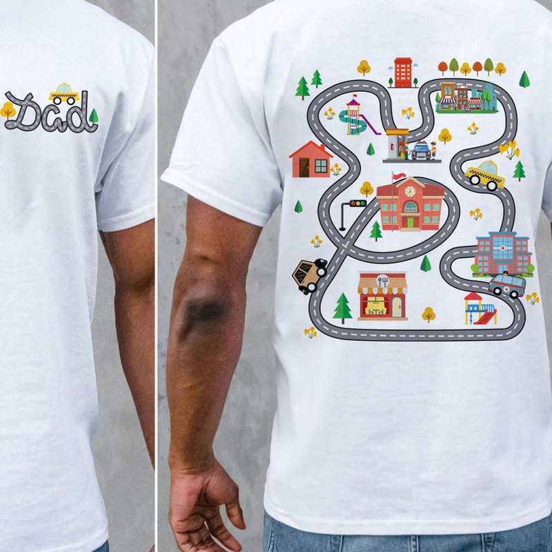 Play Car Race On Dad's T-shirt, Mat Road Car Race Track Tee, Father's Day Gift, Race Track Playmat Shirt, Truck Playtime On Dad Shirt2.jpg