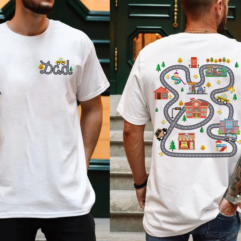 Play Car Race On Dad's T-shirt, Mat Road Car Race Track Tee, Father's Day Gift, Race Track Playmat Shirt, Truck Playtime On Dad Shirt3.jpg