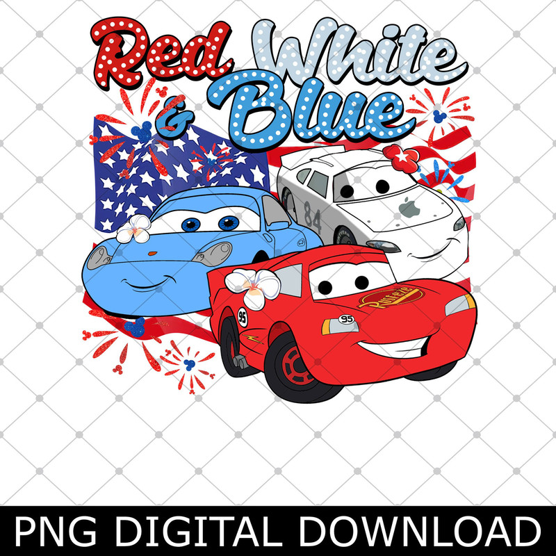 Red White Funny Blue Cars Movie 4th of July Png, Mcqueen Sally Carrera Mac iCar Patriotic Family Png.jpg