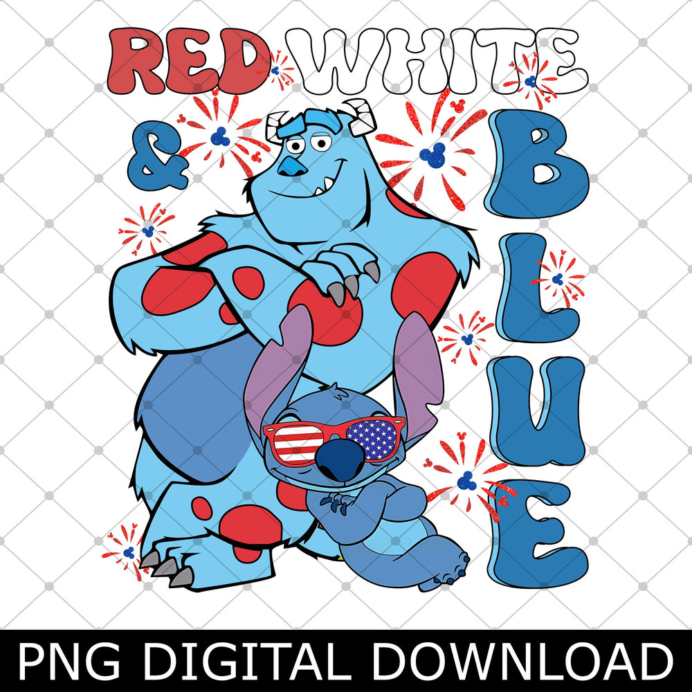 Red White Funny Blue Stitch and James Sullivan Png, Happy 4th of July Monsters Sully US Flag Freedom Png.jpg