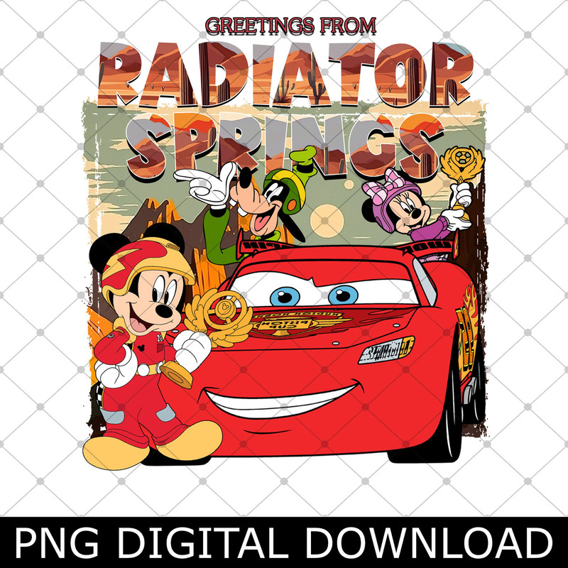 Retro Greetings from Radiator Springs Mickey and Friends With Mcqueen Png, Cars Land Racing Cup Png.jpg