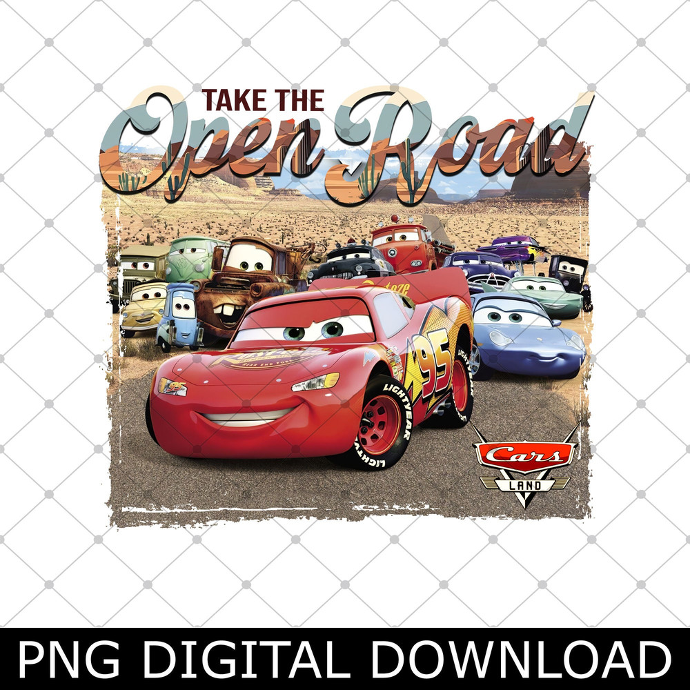 Vintage Take The Open Road Cars Land Png, Cars Lightning Mcqueen Png, Tow Mater Family Group Png.jpg