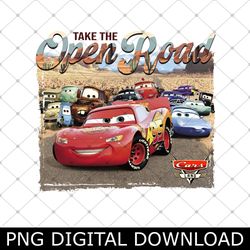vintage take the open road cars land png, cars lightning mcqueen png, tow mater family group png