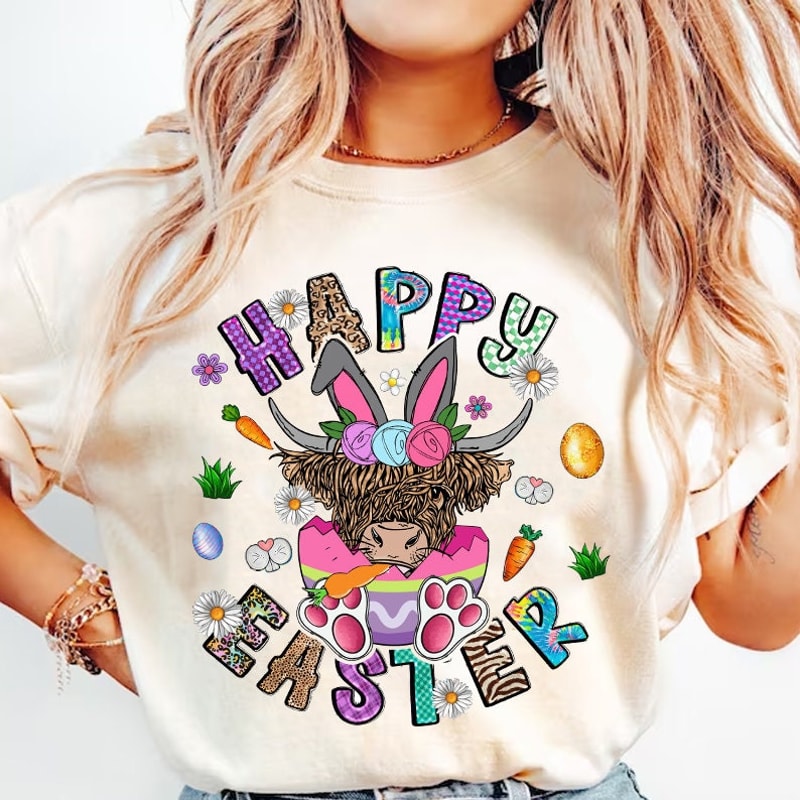 Easter Day Highland Cow PNG, Retro Easter Png, Easter Bunny Png, Easter Egg, Shamrock Png, Happy Easter Sublimation Design, Digital Download.jpg