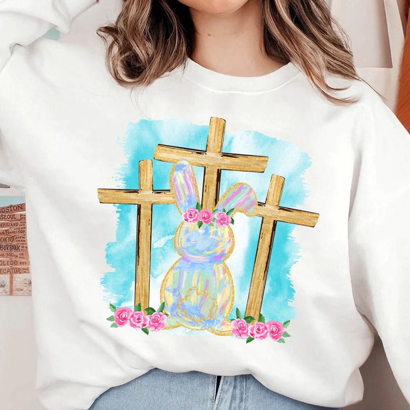 Foil Bunny with Crosses PNG, Easter Sublimation Design, Soft Color Bunny Png, Bunny Easter Png, Easter Christian Png, Easter Watercolor.jpg