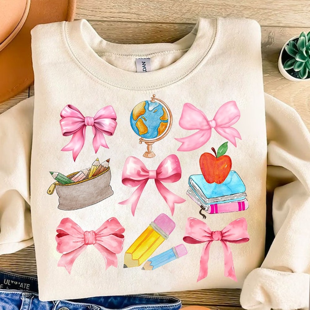 Teacher Png, Coquette Teacher Png, Retro Teacher Design, Girly Coquette Png, Watercolor Pink Bows, Teacher sublimation digital download.jpg