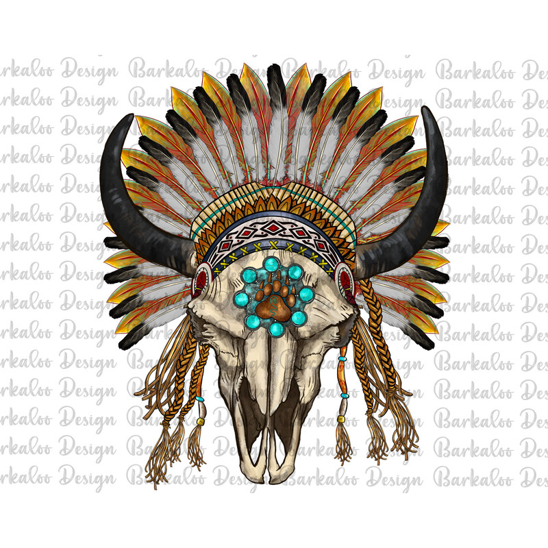 Bull Skull With Gemstone And Native American Headdress Png Sublimation Design, Indian Aztec Headdress Png, Indian Feather Png Downloads.jpg