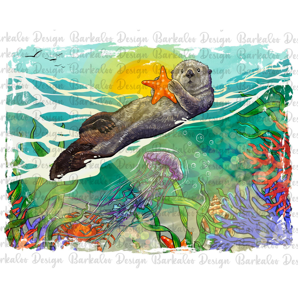 California Sea Otter Background Png Sublimation Design, Sea Otter With Starfish Background Png, Sea Otter Under The Sea Png Downloads.jpg
