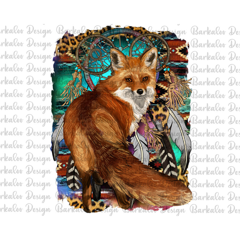 Fox With Dream Catcher Native American Background Png Sublimation Design, Serape Leopard Aztec Fox Background Png, Fox Png Downloads.jpg