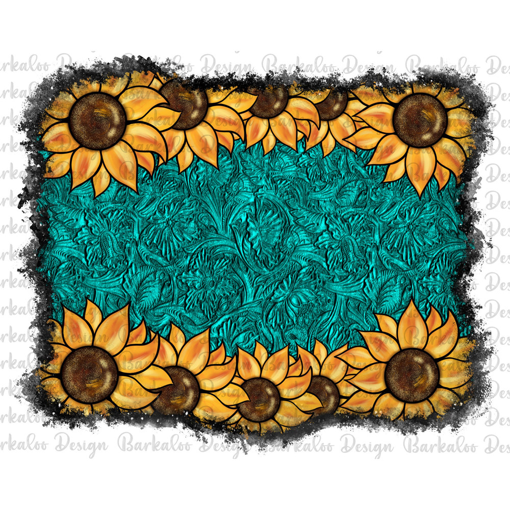 Sunflower Turquoise Tooled Leather Background PNG Sublimation Design, Western Background Png, Sunflower Background, Digital Download.jpg