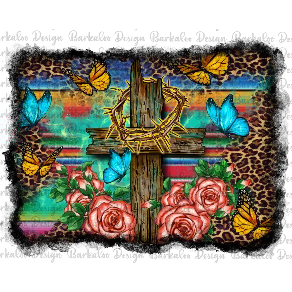 Western Background Wooden Cross With Crown Of Thorns PNG Sublimation Design, Cross With Serape Background Png, Floral Cross Png Downloads.jpg