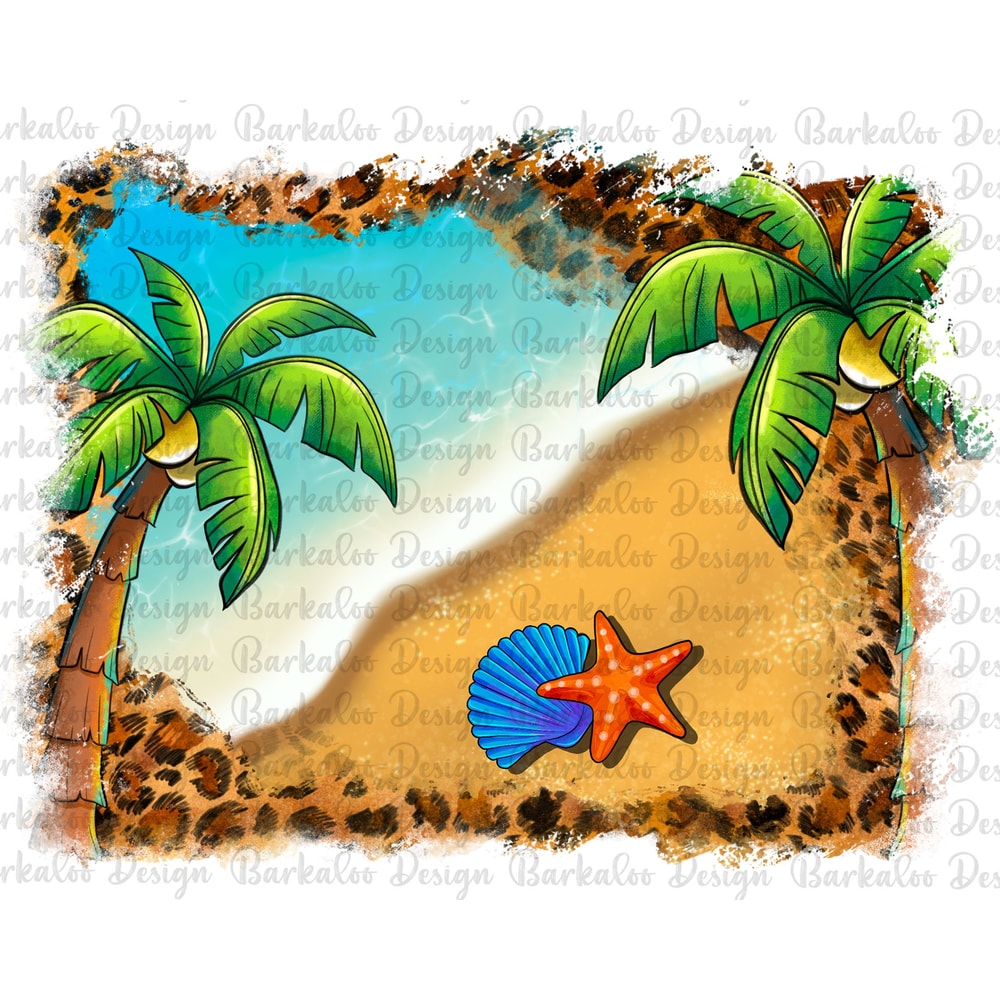 Western Beach View Background Png Sublimation Design, Leopard Frame Beach Background Png, Palm Trees Png, Digital Download.jpg