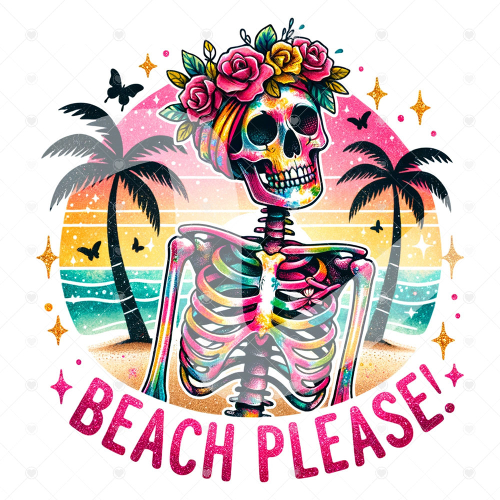 Beach Please PNG, Funny Summer Skeleton Clipart, Snarky Skeleton Sublimation Design, Summer Vacation DTF File, Trendy T-Shirt Download.jpg