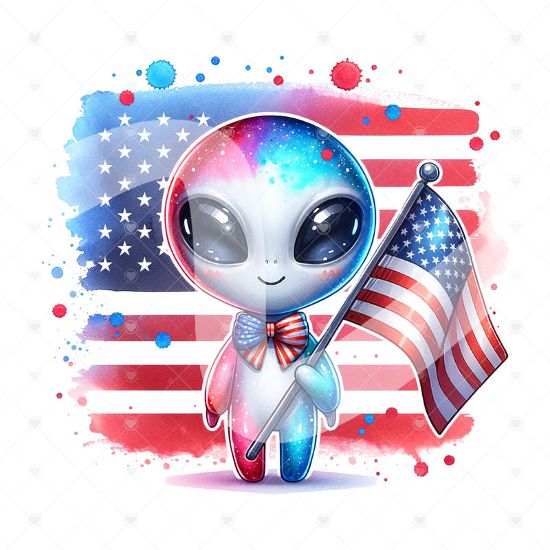 Cute Patriotic Alien Clipart, Funny 4th of July Sublimation Design, Legal Alien PNG, American Flag DTF Design, Red White and Blue Printable.jpg