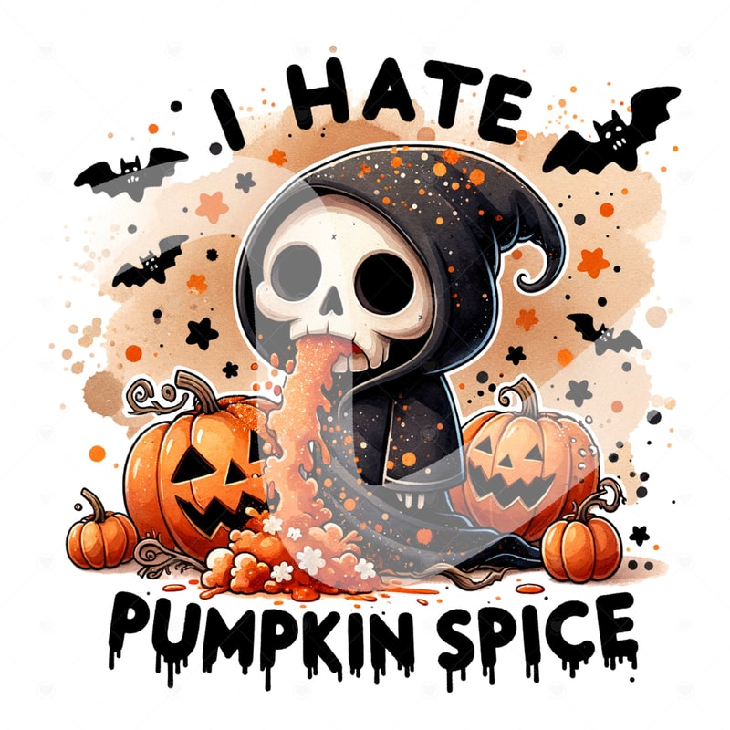 Funny Fall Skeleton Clipart, I Hate Pumpkin Spice PNG, Halloween Tshirt Sublimation Design, Halloween Clipart, Snarky Reaper UV DTF Transfer.jpg