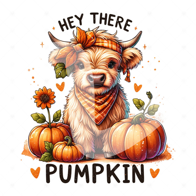 Hey There Pumpkin PNG, Cute Fall Highland Cow Sublimation Design, Halloween DTF Transfer, Autumn Cow Tshirt Clipart, Tumbler Wrap, Mug.jpg