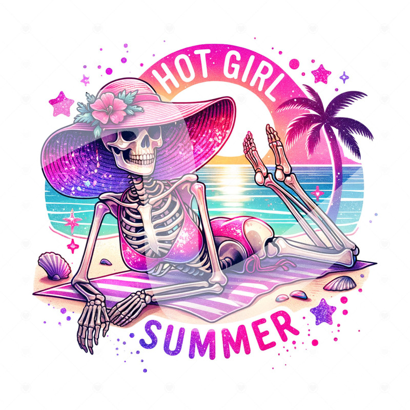 Hot Girl Summer PNG, Funny Summer Skeleton Clipart, Snarky Skeleton Sublimation Design, Summer Vacation DTF File, Trendy Shirt Design.jpg