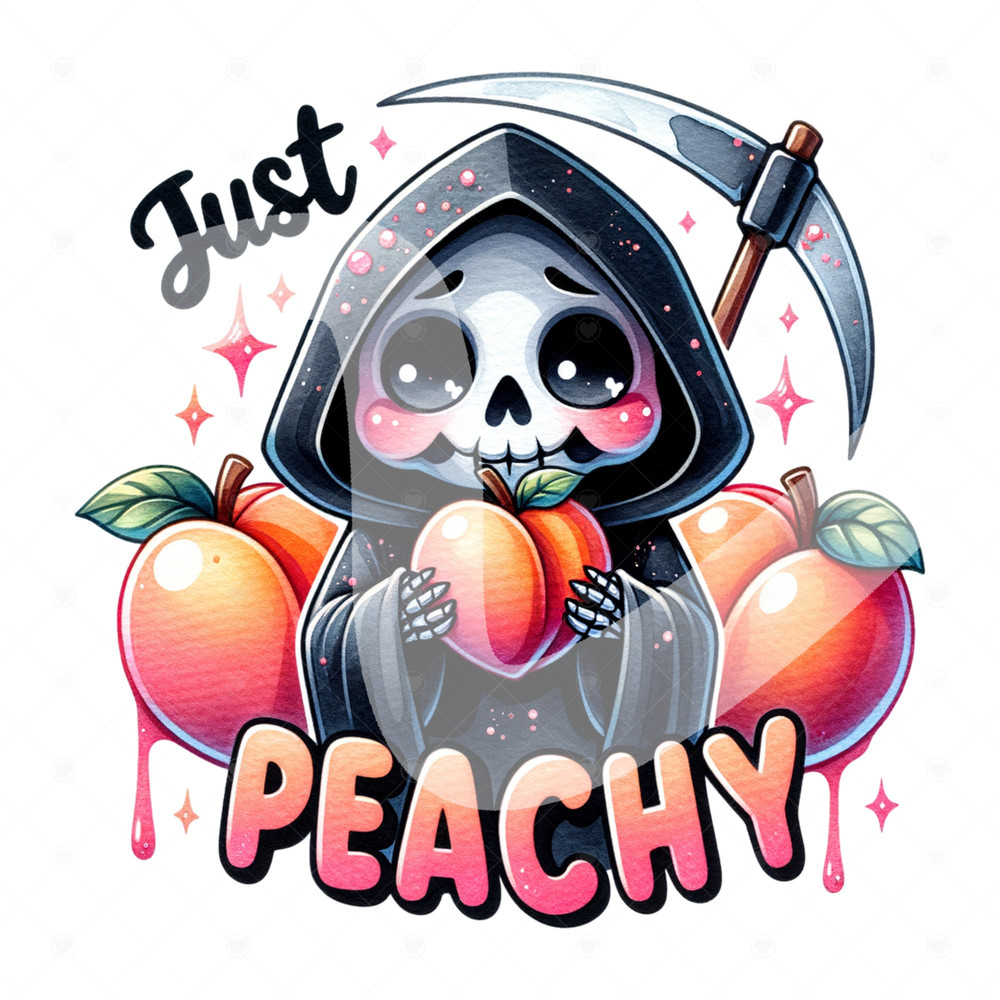 Just Peachy Clipart, Snarky Grim Reaper PNG, Peaches Sublimation Design, Just Peachy DTF Transfer File, Spooky Summer Skeleton Shirt, Mug.jpg