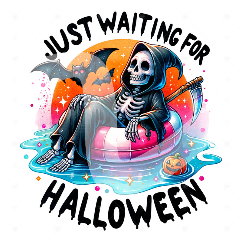 Just Waiting for Halloween PNG, Spooky Summerween Clipart, Skeleton Summer Halloween Sublimation Design, Reaper DTF Shirt Design, Tumbler.jpg