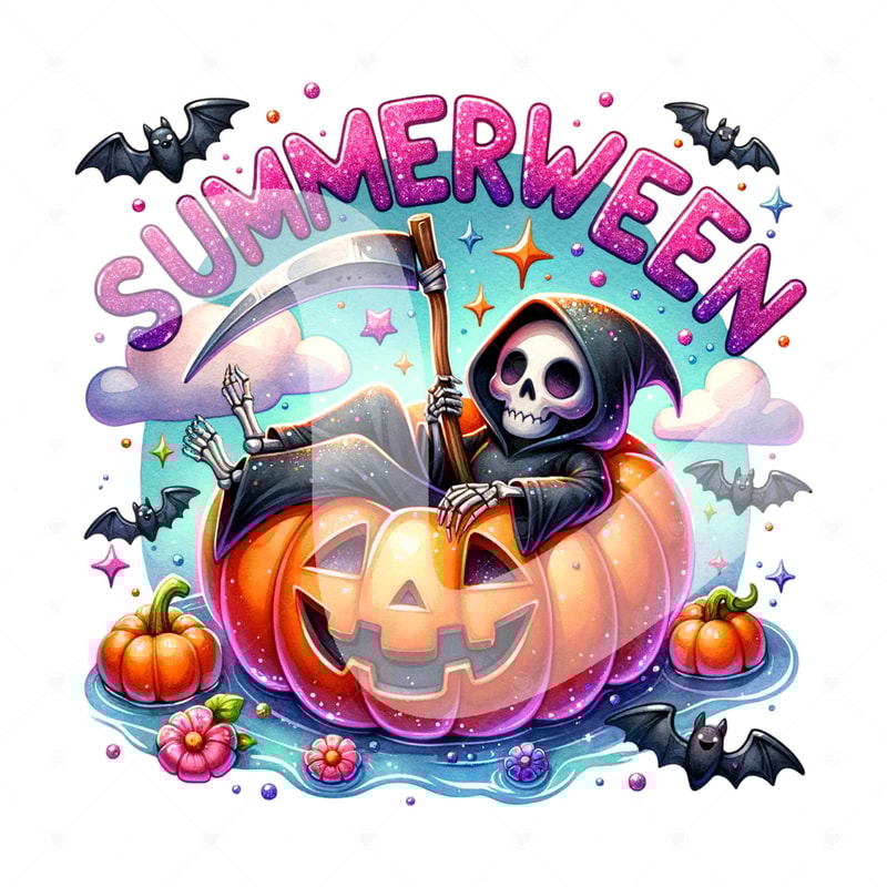Spooky Summerween Clipart, Cute Summer Halloween Sublimation Design, Snarky Skeleton DTF Shirt Design Download, Grim Reaper Tumbler Wrap.jpg