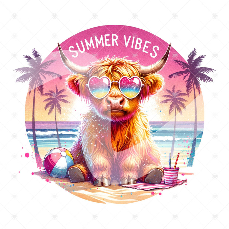 Summer Vibes Highland Cow PNG, Funny Heifer Cow Clipart, Cute Highland Cow Sublimation Design, Summer Beach Vacation DTF File, Shirt File.jpg