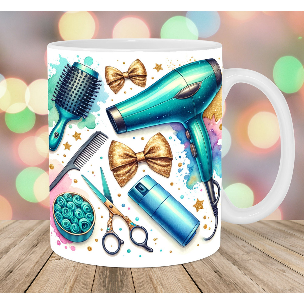 Hairdresser Mug Wrap, 11oz And 15oz Mug Template, Gold Green Glitter Mug Sublimation Design, Mug Wrap Template, Instant Digital Download PNG.jpg