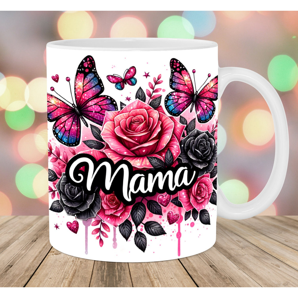 Mama Mug Wrap, 11oz & 15oz Mug Template, Rose Mug Sublimation Design, Pink Black Butterflies Mug Wrap Template, Instant Digital Download PNG.jpg