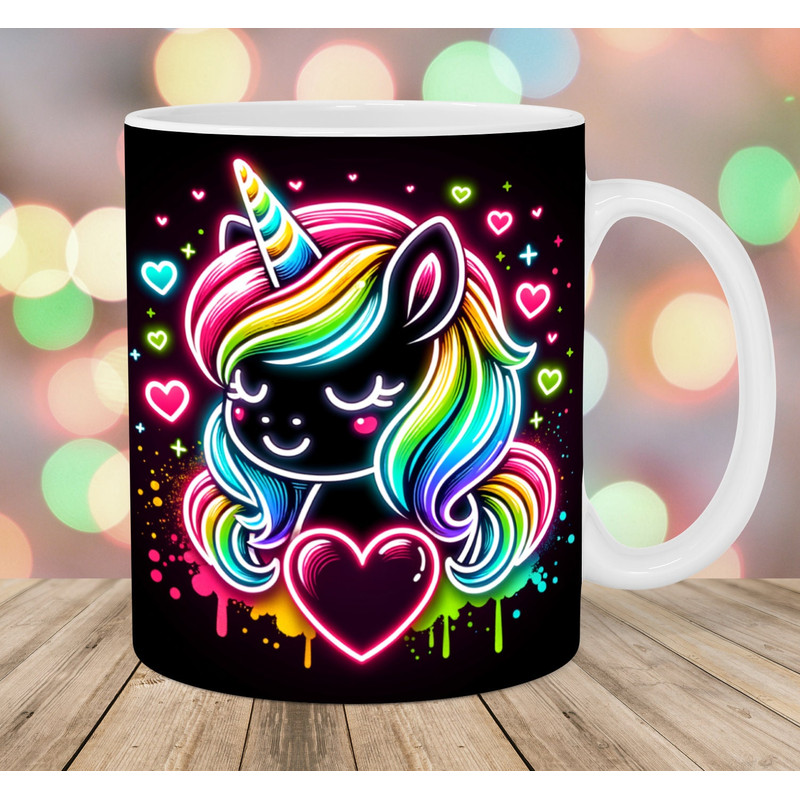 Neon Unicorn Mug Wrap, 11oz & 15oz Mug Template, Colorful Mug Sublimation Design, Heart Mug Wrap Template, Instant Digital Download PNG.jpg