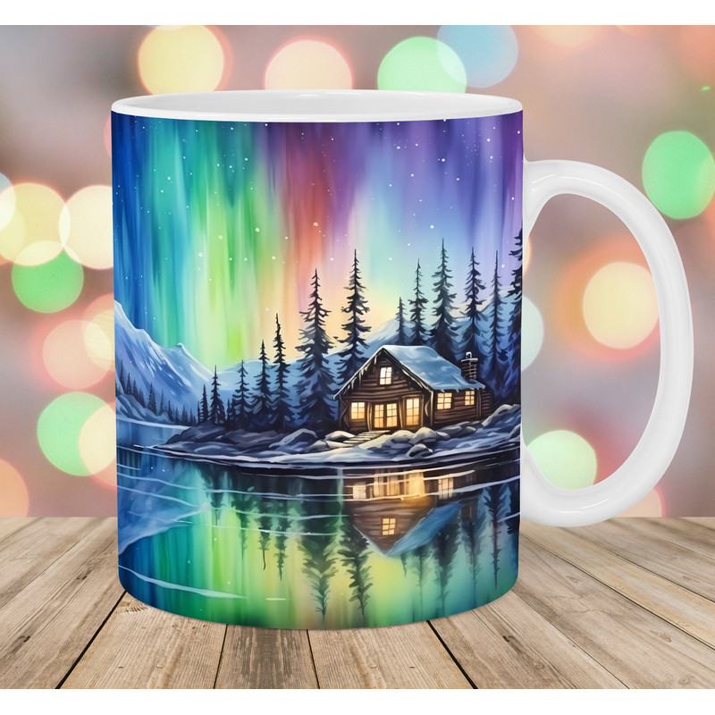 Northern Lights Mug Wrap, 11oz & 15oz Mug Template, Mug Sublimation Design, Forest Cabin Mug Wrap Template, Instant Digital Download PNG.jpg