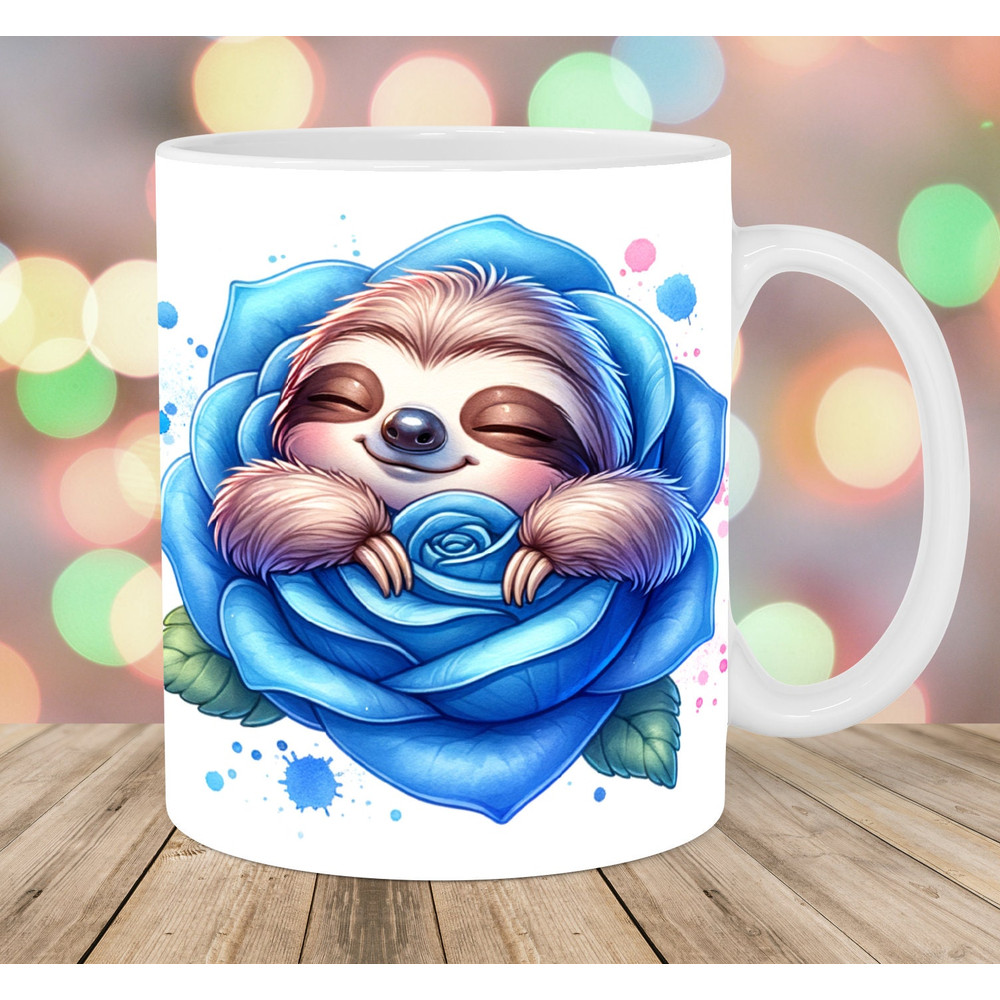 Sloth Sleeping In Blue Rose Mug Wrap, 11oz And 15oz Mug Template, Mug Sublimation Design, Mug Wrap Template, Instant Digital Download PNG.jpg