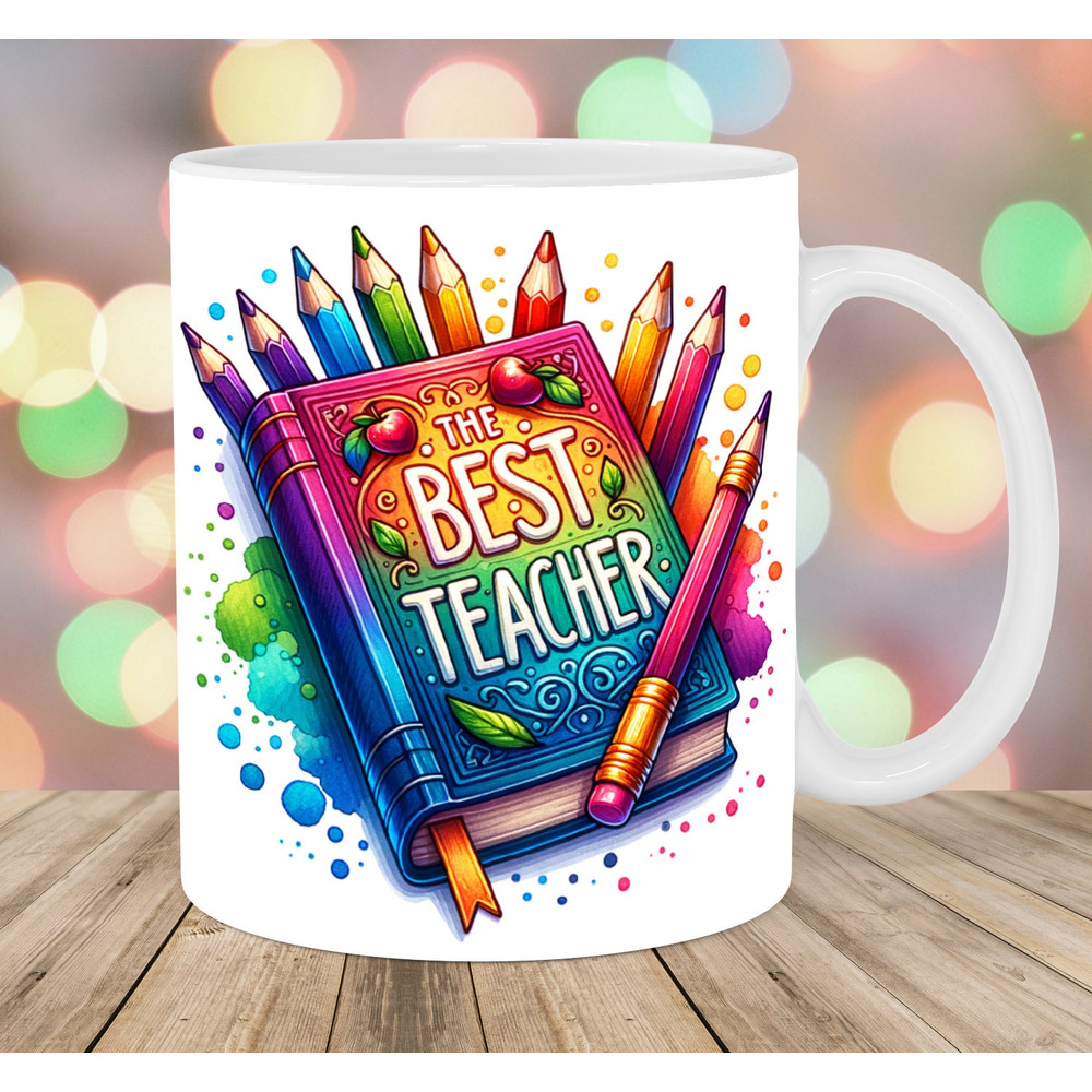 The Best Teacher Mug Wrap, 11oz & 15oz Mug Template, Mug Sublimation Design, Colorful Book Mug Wrap Template, Instant Digital Download PNG.jpg