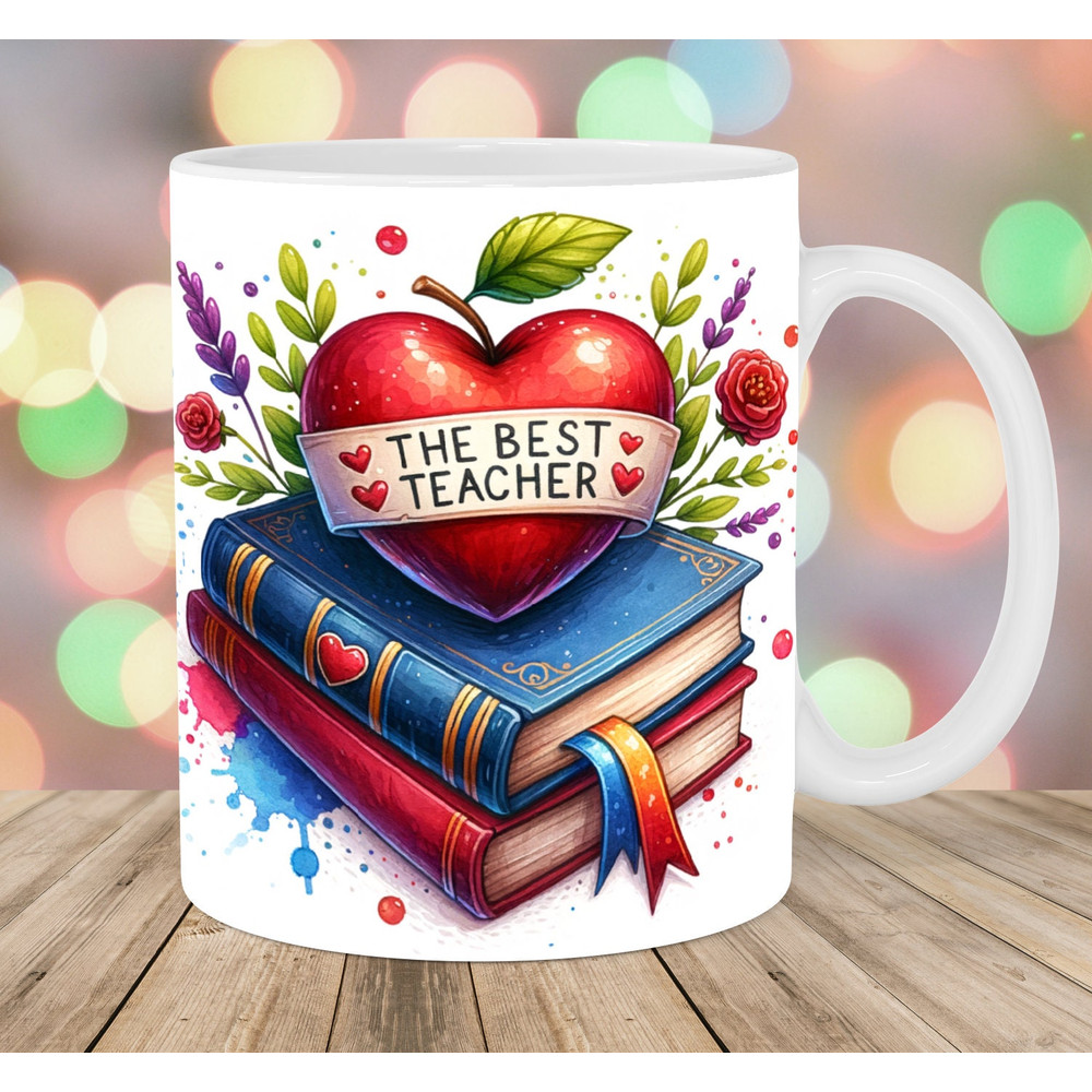 The Best Teacher Mug Wrap, 11oz And 15oz Mug Template, Heart Mug Sublimation Design, Book Mug Wrap Template, Instant Digital Download PNG.jpg