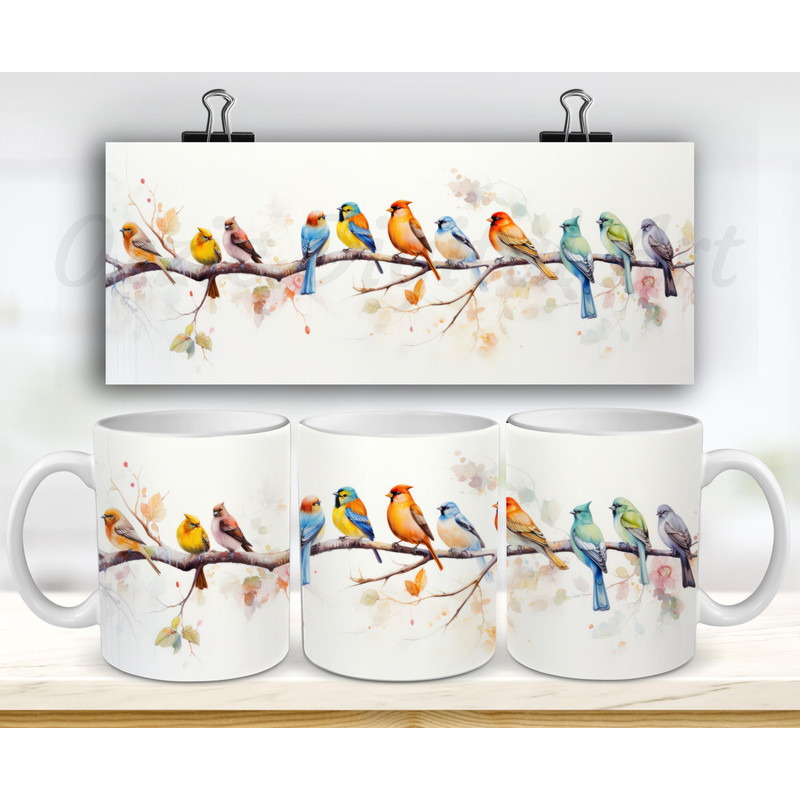 Watercolor Colorful Birds Mug Wrap, 11oz And 15oz Mug Template, Mug Sublimation Design, Mug Wrap Template, Instant Digital Download PNG.jpg