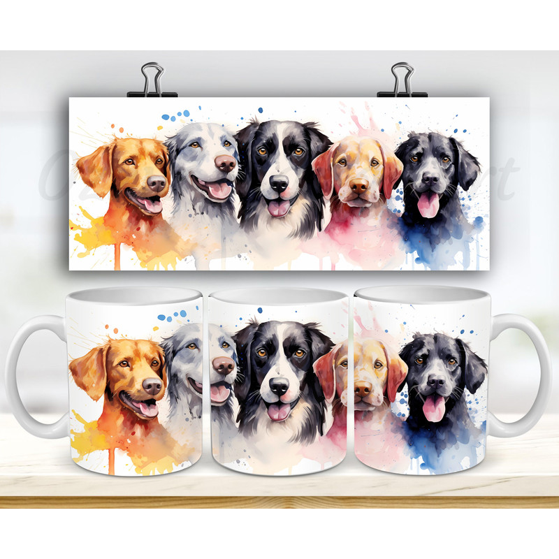 Watercolor Colorful Dogs Mug Wrap, 11oz & 15oz Mug Template, Mug Sublimation Design, Puppy Mug Wrap Template, Instant Digital Download PNG.jpg