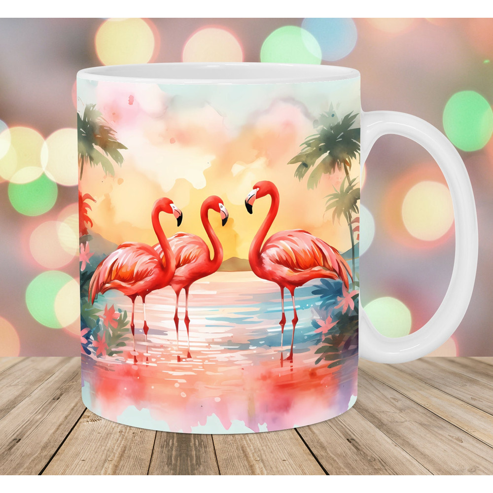 Watercolor Flamingo Beach Mug Wrap, 11oz And 15oz Mug Template, Mug Sublimation Design, Mug Wrap Template, Instant Digital Download PNG.jpg