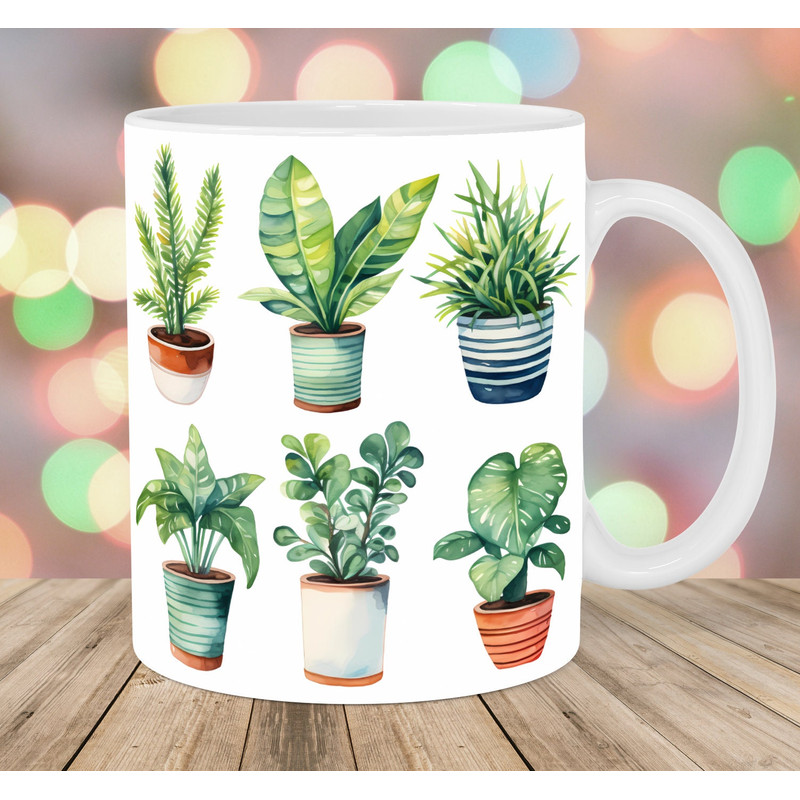 Watercolor House Plants Mug Wrap, 11oz And 15oz Mug Template, Mug Sublimation Design, Mug Wrap Template, Instant Digital Download PNG.jpg